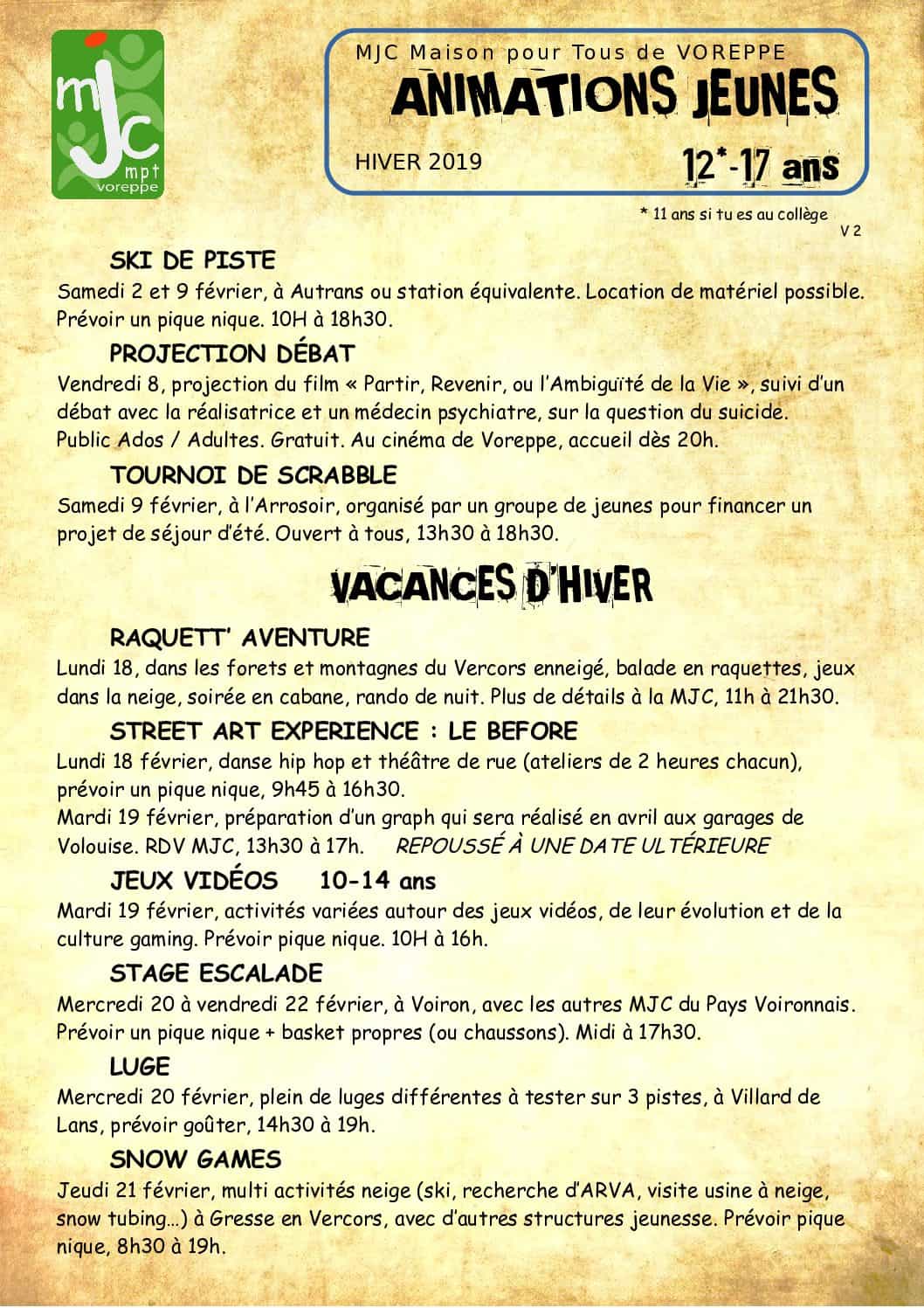 Le programme des activités jeunes 12-17 ans – Vacances Noël 2019