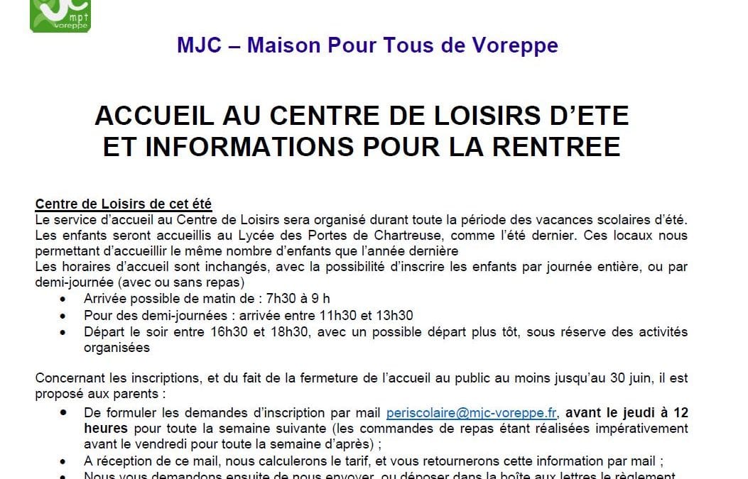 Courrier aux parents – Accueil été et réinscription périscolaire