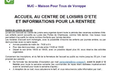 Courrier aux parents – Accueil été et réinscription périscolaire