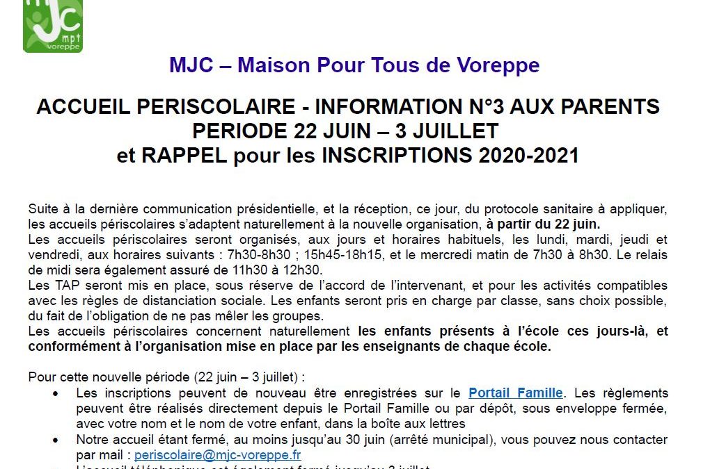 Courrier aux parents – Accueil périscolaire – Actualisation consignes