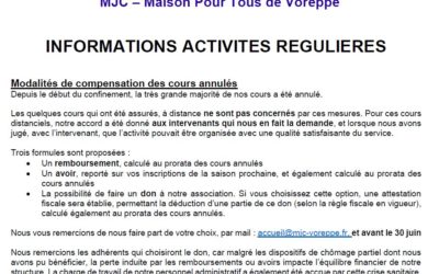 Courrier aux adhérents – Activités régulières
