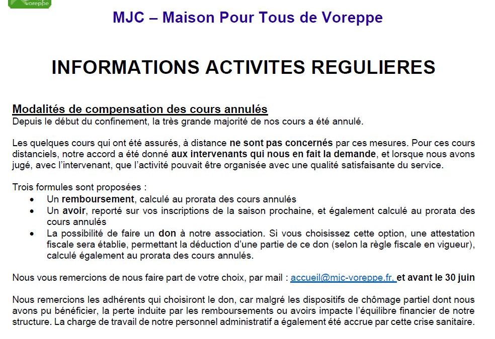 Courrier aux adhérents – Activités régulières