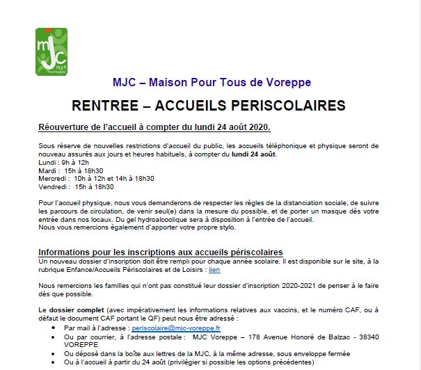 Courrier aux parents – Accueil périscolaire rentrée 2020